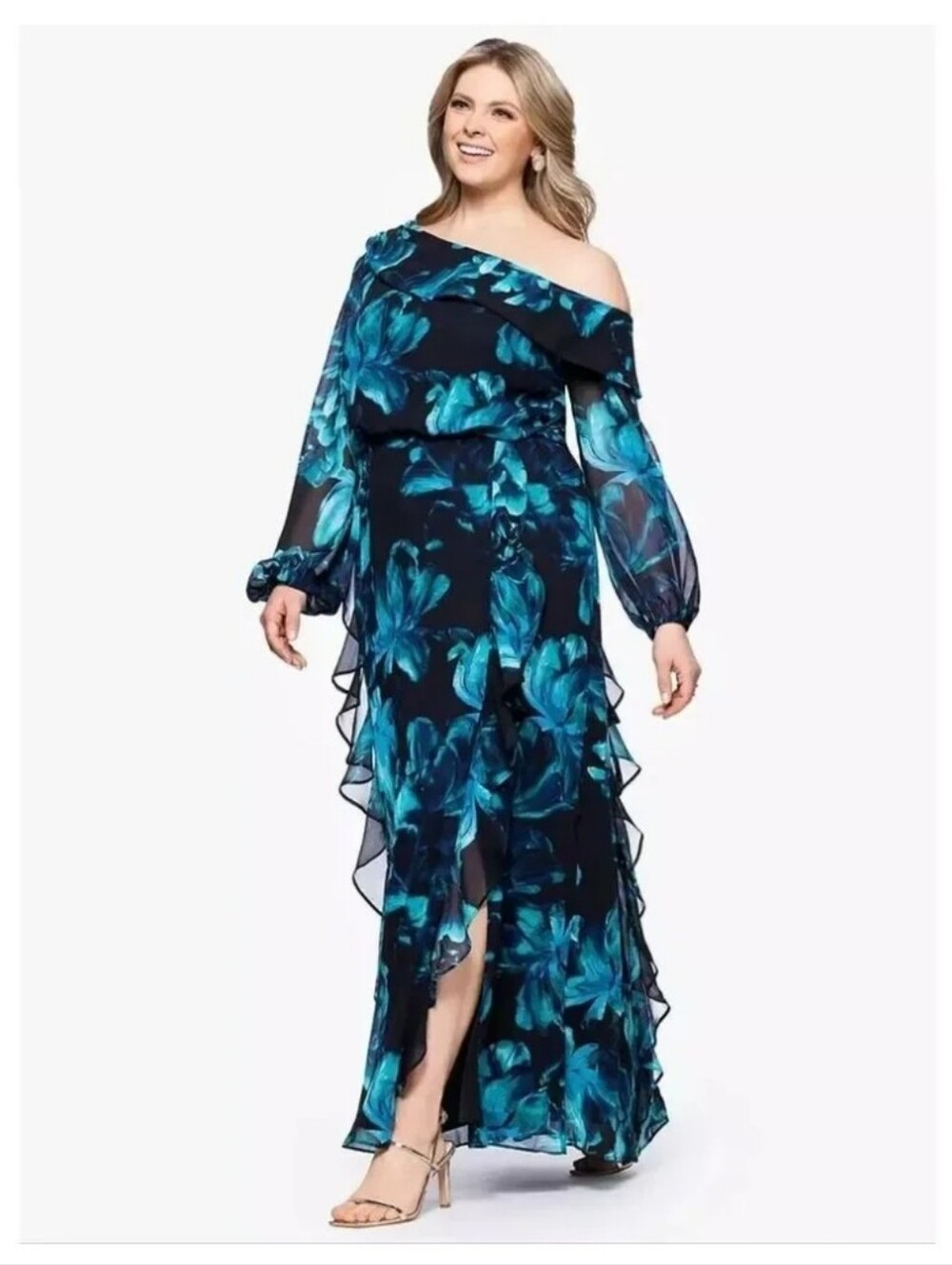 Xscape Plus Size 18W Black Teal Floral Chiffon Maxi Dress NWT Wedding Formal